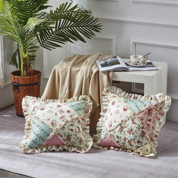 **Brilliant Sunshine** Roses Ruffle Pillow Shams, Decorative Pillow Set of 2 NWT - Picture 2 of 4